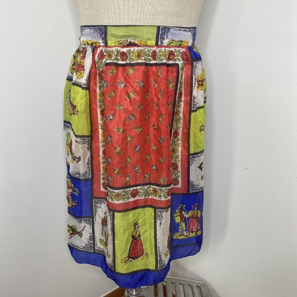 Vintage Silk Half Apron Sheer  Blue Red Yellow Dutch Man Women Tie - Picture 1 of 6